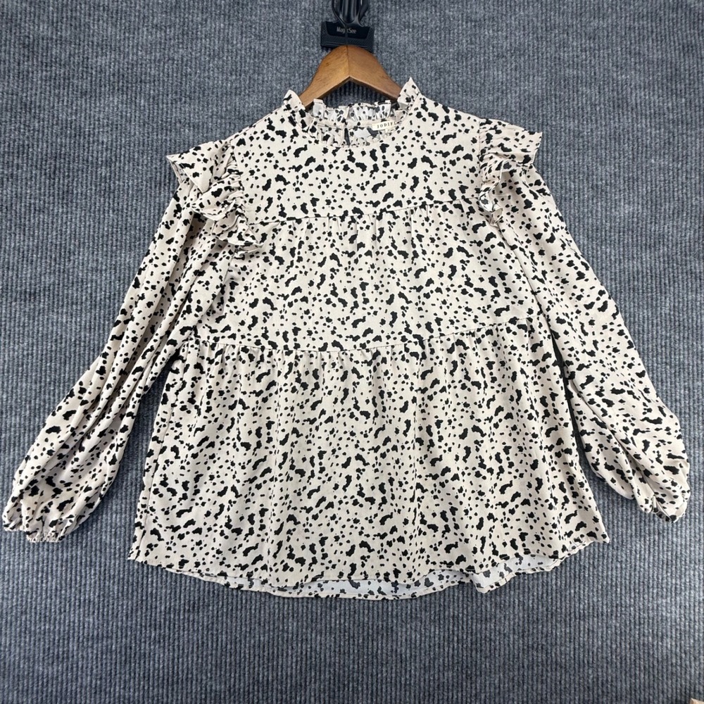 Jodifl Blouse Womens Medium Cream Black Excellent Dalmatian Print Ruffle Tiered